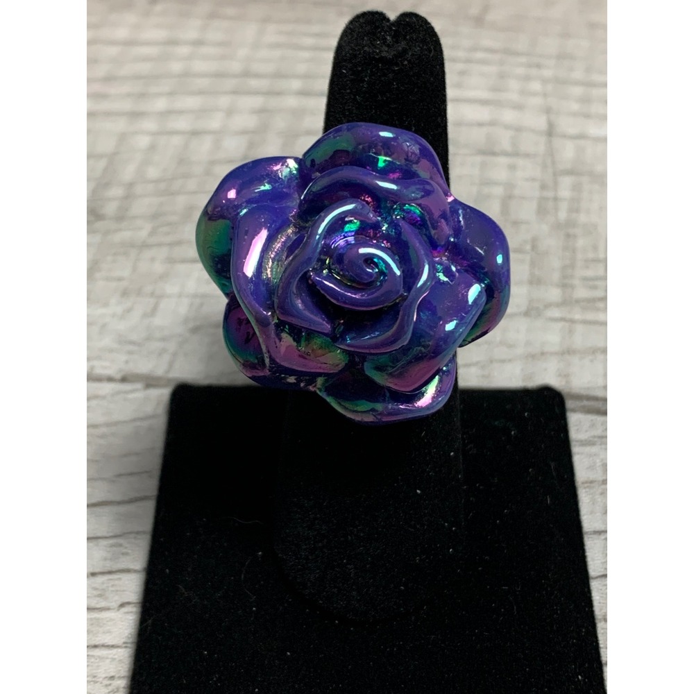 Iridescent Purple Rose Cocktail Ring Oil Slick Floral Statement Size 7 3287